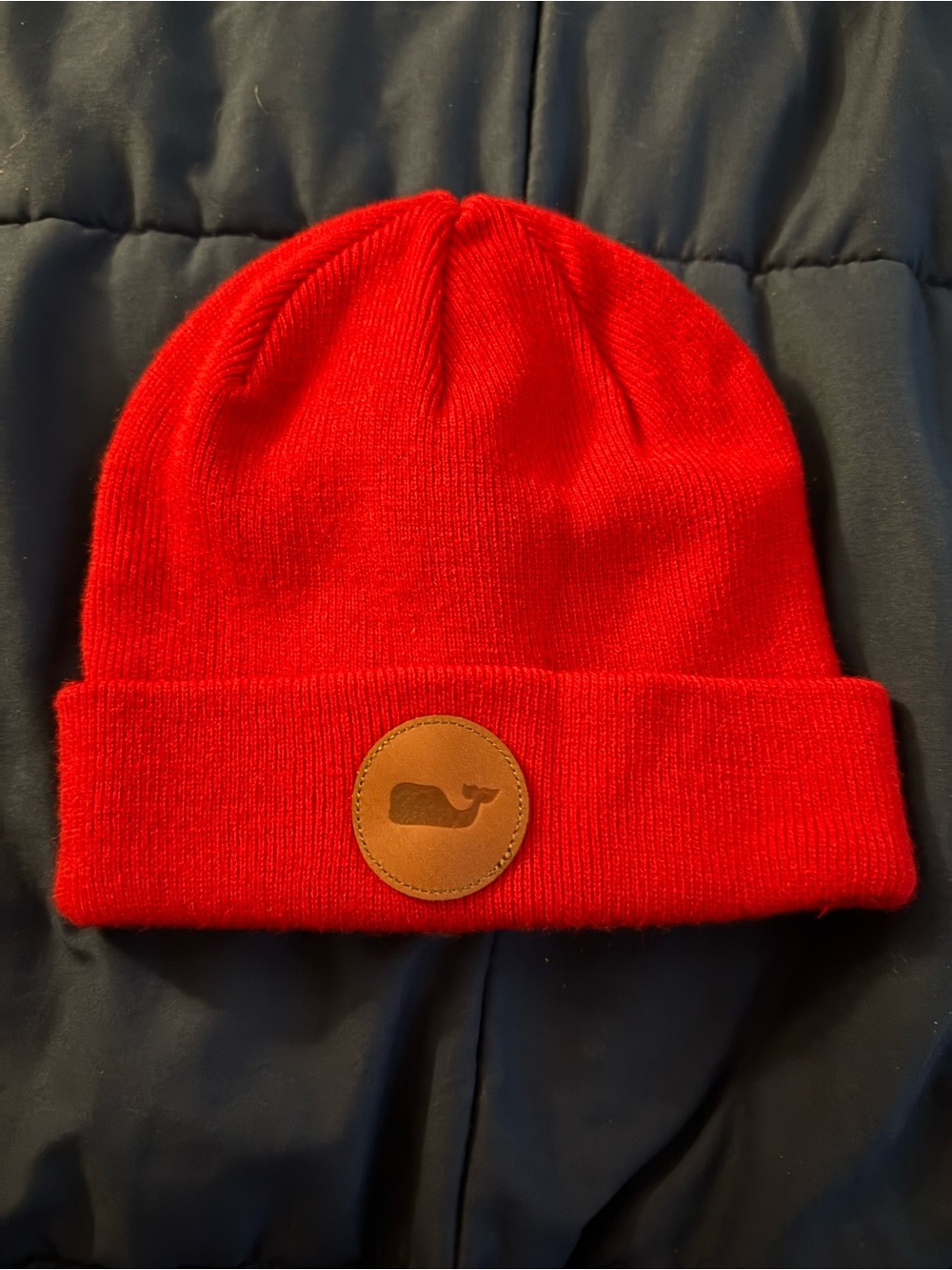 Vineyard Vines Red Knit Beanie with Leather Whale Patch